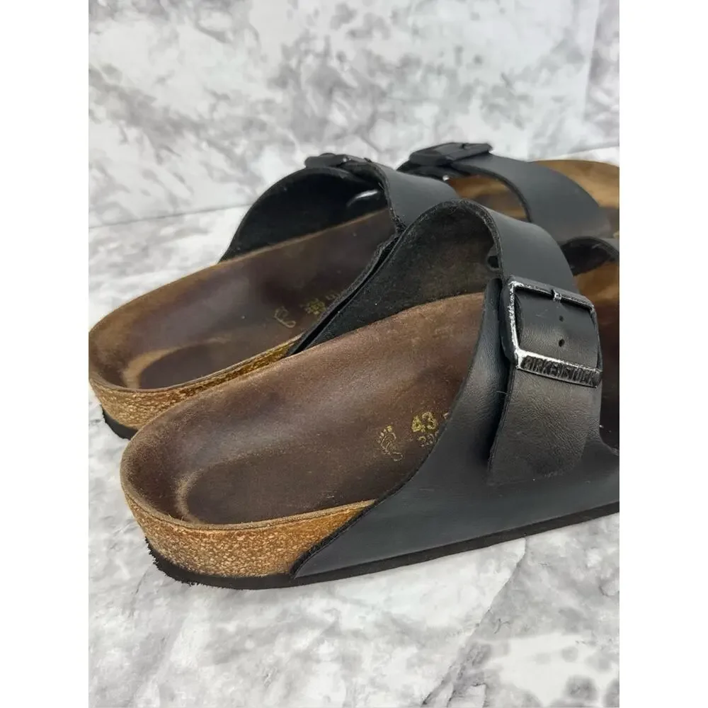 BIRKENSTOCK Arizona Men's Sz 10 Black Leather Two-Strap Sandals Cork Footbed